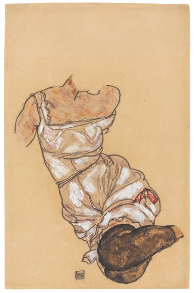 Vrouwelijke torso in lingerie en zwarte kousen; Weiblicher Torso in Unterwasche und Schwarzen Strumpfen, 1917 door Egon Schiele