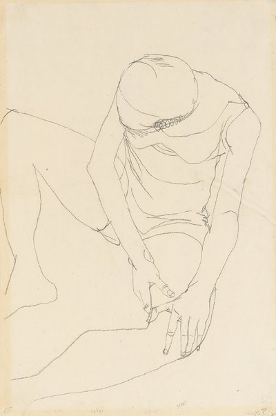 Vrouwelijk Naakt Voorovergebogen, Beide Handen op Linker Dij, 1913 door Egon Schiele