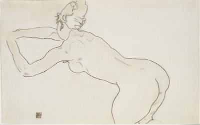 Vrouwelijk naakt knielend en voorover buigend naar links, 1918 door Egon Schiele