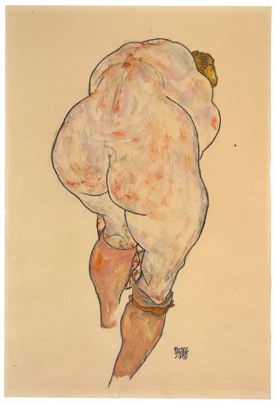 Vrouwelijk naakt trekt kousen aan, achteraanzicht door Egon Schiele
