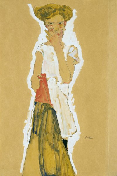 Staand meisje in witte onderjurk door Egon Schiele