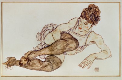 Vrouw met bruine kousen - Vrouw ... (gouache en zwart krijt) door Egon Schiele