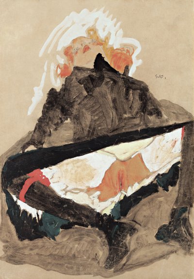 Meisje in zwarte jurk met gespreide benen, 1910 door Egon Schiele