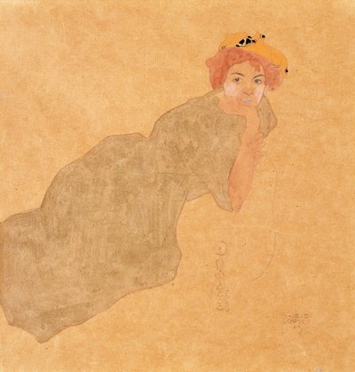 Meisje in Olijfkleurige Jurk met Ondersteunde Arm, 1908 door Egon Schiele