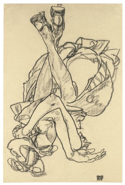 Meisje liggend op haar rug met gekruiste armen en benen, 1918 door Egon Schiele