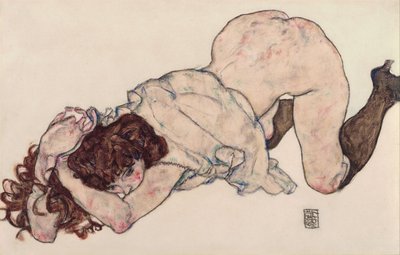 Knielend meisje, rustend op beide ellebogen, 1917 door Egon Schiele