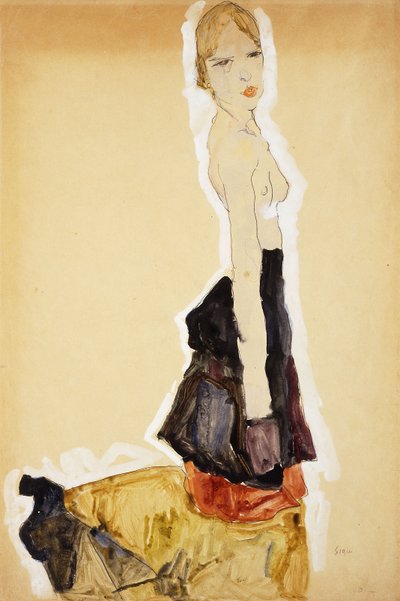 Knielend meisje met Spaanse rok; Knieendes Mädchen mit Spanischem Rock, 1911 door Egon Schiele