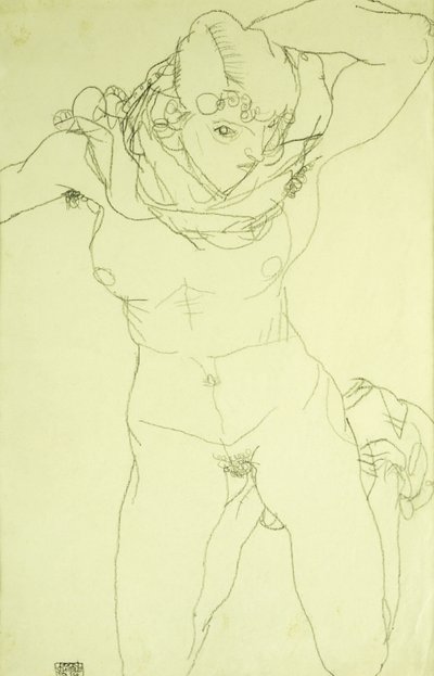 Knielend naakt van voren; Kniender Akt von Vorn, 1914 door Egon Schiele