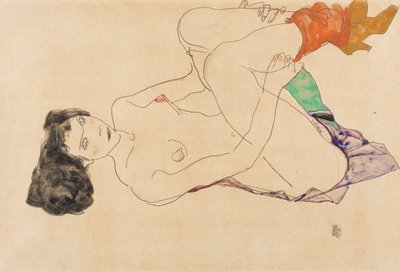 Liggende vrouwelijke naakt met opgetrokken benen, 1913 door Egon Schiele