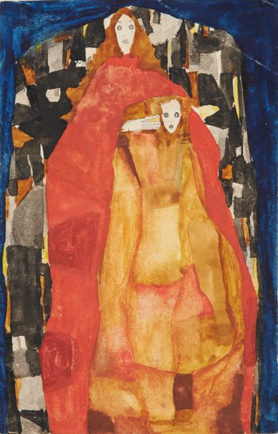 Moeder met kind in rode jas door Egon Schiele