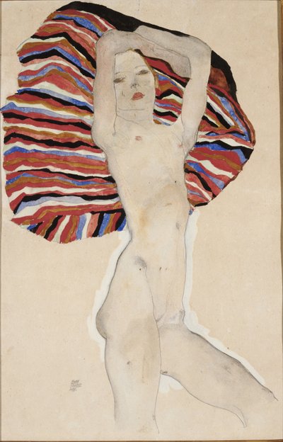 Naakt tegen gekleurd materiaal, 1911 door Egon Schiele