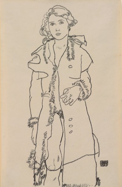 Naakt met bontjas; Madchenakt mit pelzbesetztem Mantel, 1917 door Egon Schiele