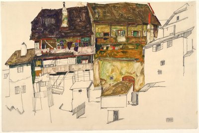 Oude huizen in Krumau door Egon Schiele