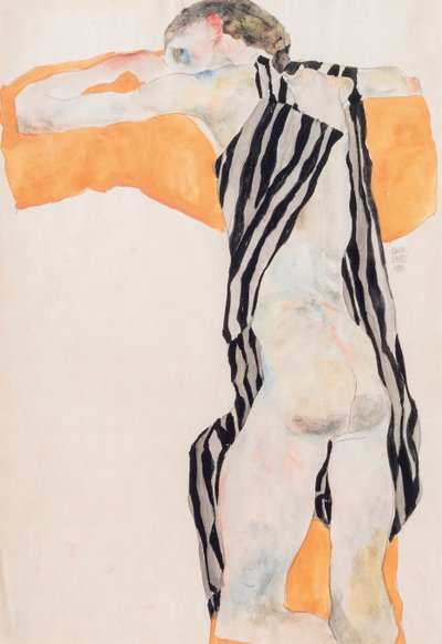 Liggend naakt meisje in gestreepte blouse, 1911 door Egon Schiele