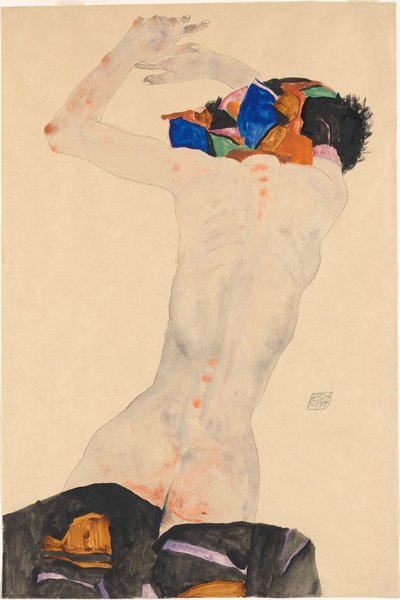 Naakt van achteren met een gekleurd doek, 1911 door Egon Schiele