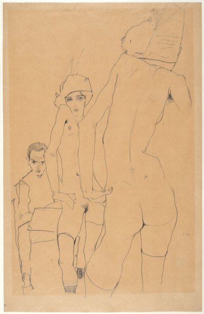 Schiele met Naakt Model voor de Spiegel, 1910 door Egon Schiele
