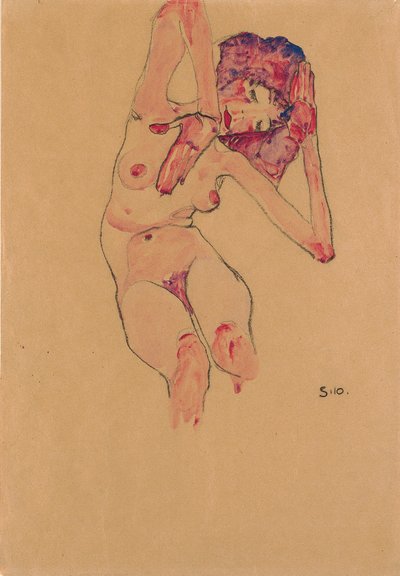 Zittende vrouwelijke naakt met gebogen hoofd en opgeheven armen door Egon Schiele