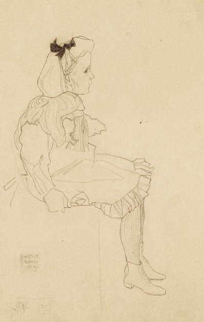 Zittend meisje met een strik in haar haar, 1909 door Egon Schiele