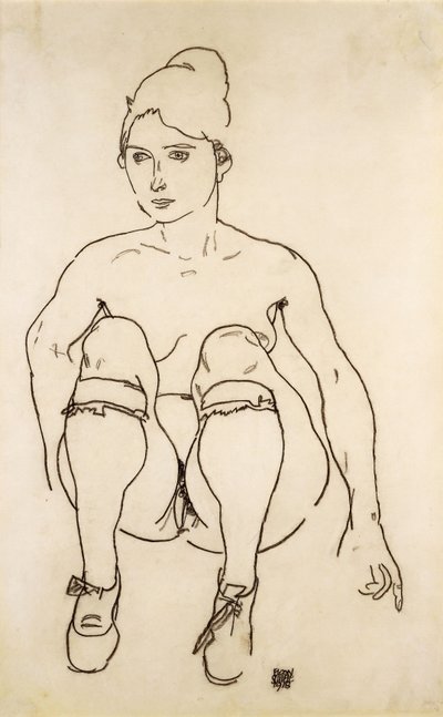 Zittend naakt met schoenen en kousen, 1918 door Egon Schiele