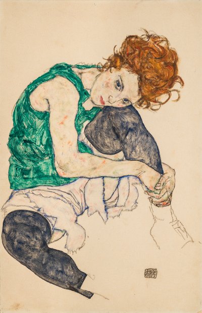 Zittende vrouw met gebogen knieën, 1917 door Egon Schiele
