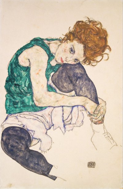 Zittende vrouw met opgetrokken benen Adele Herms door Egon Schiele