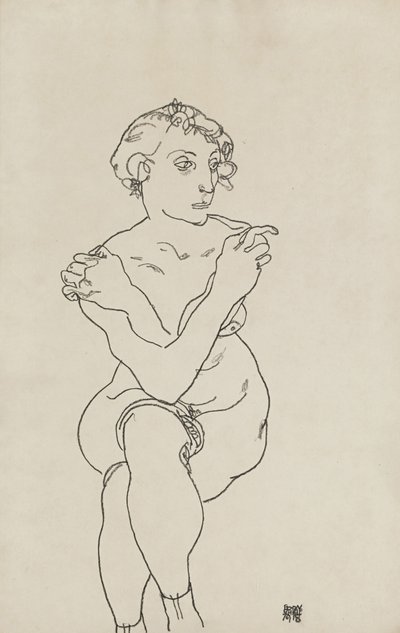 Zittende vrouwelijke naakt, armen en benen gekruist door Egon Schiele