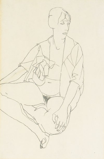 Zittende vrouwelijke naakt met open blouse, 1913 door Egon Schiele