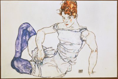Zittende vrouw in paarse kousen ... (gouache en zwart krijt) door Egon Schiele