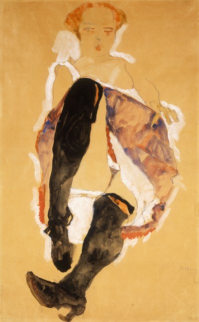 Zittende Vrouw met Zwarte Kousen; Sitzendes Mädchen mit Schwarzen Strümpfen, 1911 door Egon Schiele