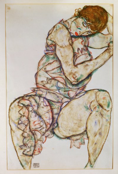Zittende vrouw met linkerhand in het haar (gouache en potlood) door Egon Schiele