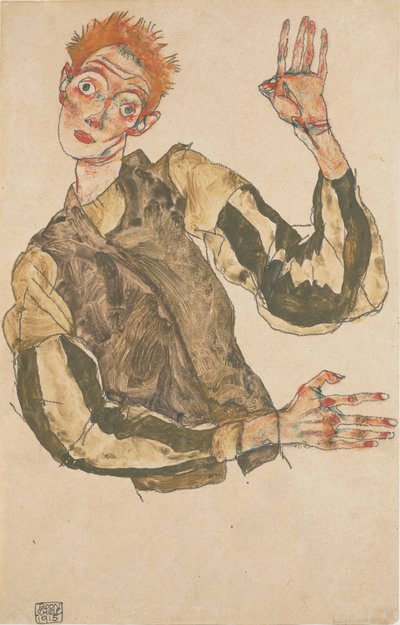 Zelfportret met gestreepte mouwbeschermers door Egon Schiele
