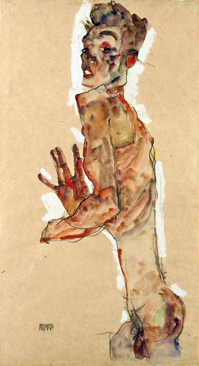 Zelfportret met gespreide vingers door Egon Schiele