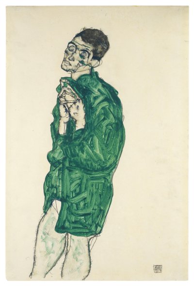 Zelfportret in groen shirt met gesloten ogen, 1914 door Egon Schiele