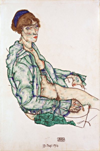 Zittende halfnaakte met blauwe haarband door Egon Schiele