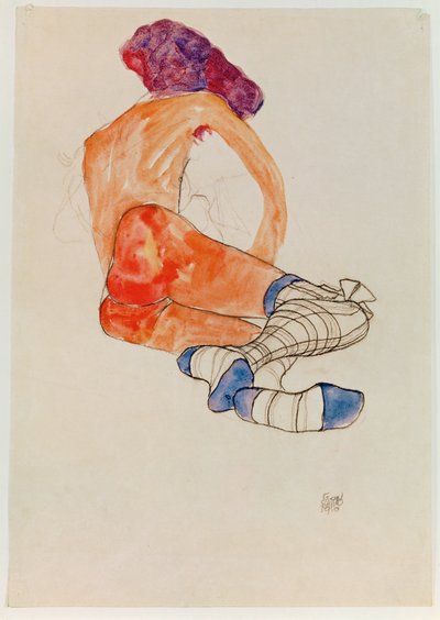 Zittend vrouwelijk naakt met blauwe kousenband, uit ... (gouache, aquarel en houtskool) door Egon Schiele