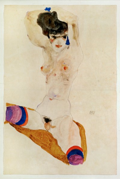 Zittend naakt meisje met over haar hoofd ... (aquarel en potlood) door Egon Schiele