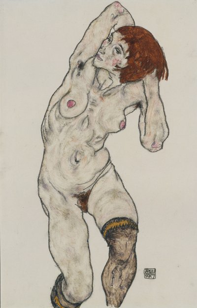 Staande Naakte in Zwarte Kousen door Egon Schiele
