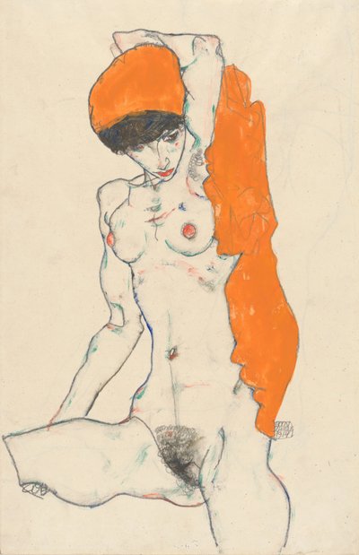 Staand naakt met oranje draperie, 1914 door Egon Schiele
