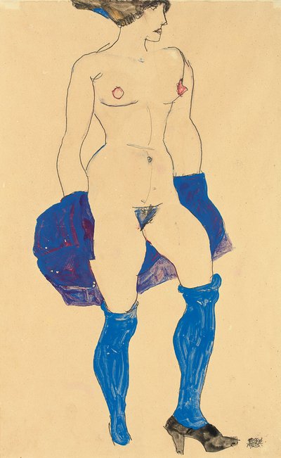 Staande vrouw met schoenen en kousen door Egon Schiele