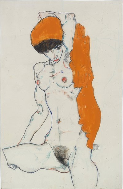 Staand naakt met oranje doek door Egon Schiele