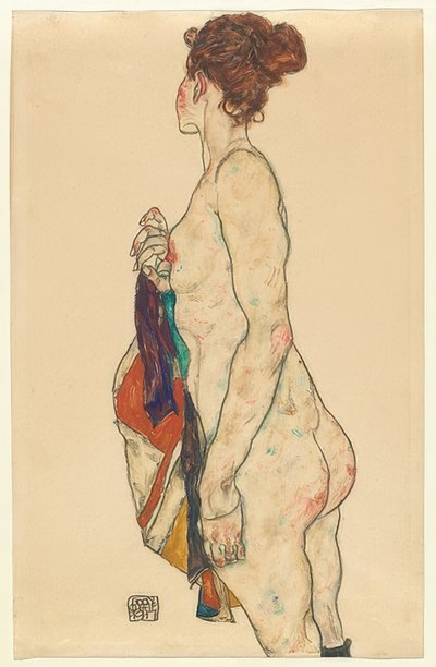 Staande naakt met gebloemde jurk door Egon Schiele