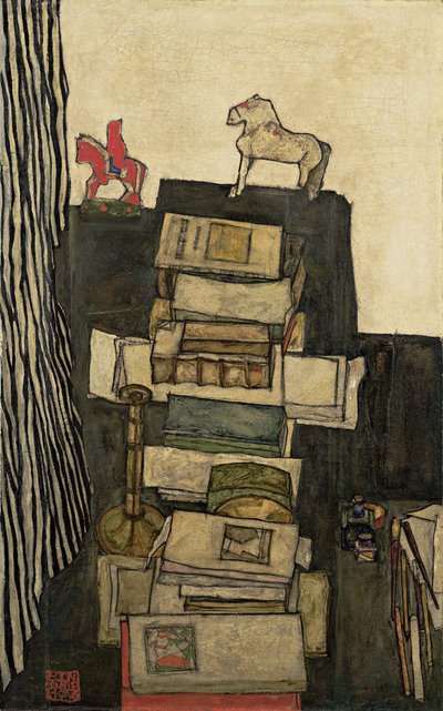 Stilleven met boeken Schieles bureau, 1914 door Egon Schiele