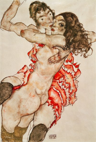 Twee vrouwen die elkaar omhelzen door Egon Schiele