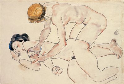 Twee vrouwelijke naakten, liggend en knielend door Egon Schiele