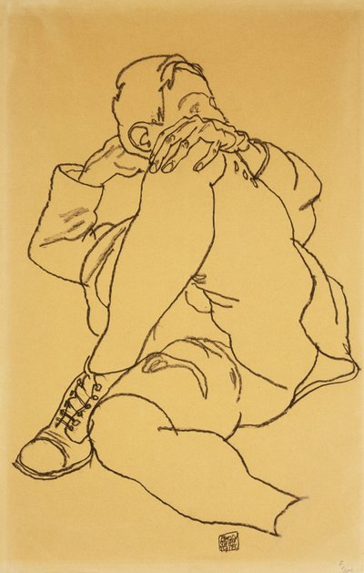 Jonge man liggend met zijn hoofd rustend op zijn gekruiste been, 1918 door Egon Schiele