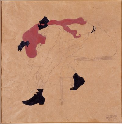Jong meisje met zwarte lint in rood haar, haar schoenen aantrekkend, 1909 door Egon Schiele