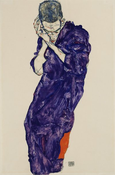 Jongere in paarse soutane met gevouwen handen, 1914 door Egon Schiele