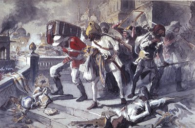 Britse en Indiase troepen plunderen de Kaisarbagh tijdens de verovering van Lucknow in maart door Egron Sellif Lundgren