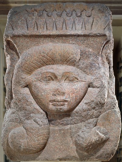 Kapiteel met het hoofd van Hathor toegeëigend door Osorkon II (c.883-855 v.Chr.) uit Bubastis, Middenrijk door Egyptian 12th Dynasty