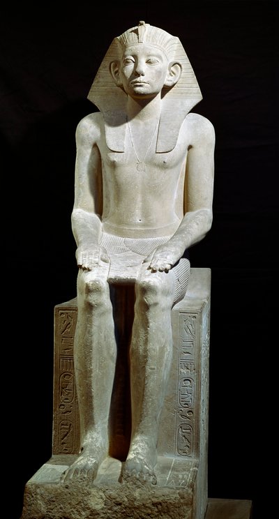 Egyptische oudheid: kalkstenen standbeeld van Farao Amenemhet (Amenemhat) III. 12e dynastie. 1910 v.Chr. Uit Hawara. Dim. 160 cm Caïro, Egyptisch Museum door Egyptian 12th Dynasty